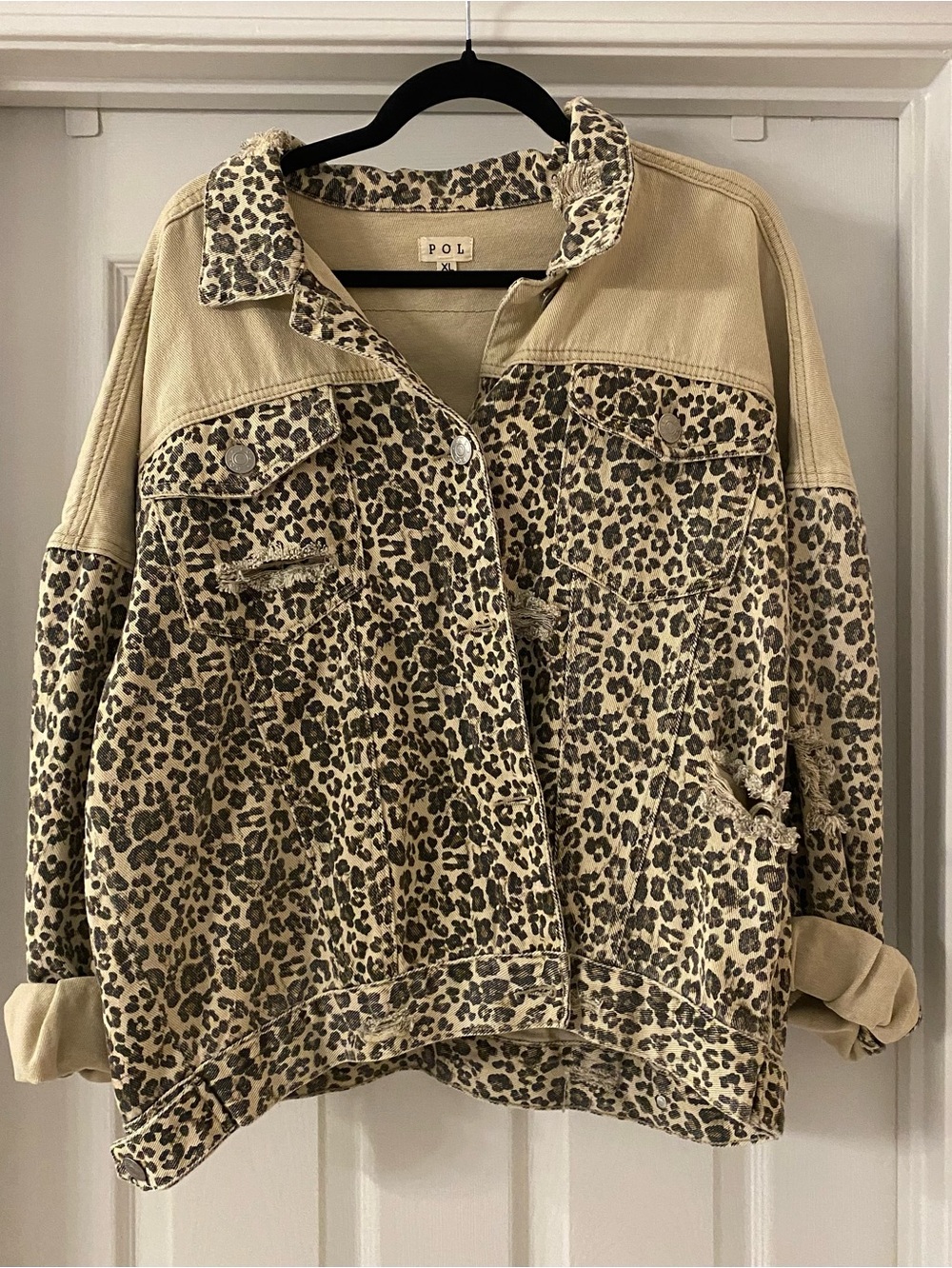 POL Leopard Print Oversized Jacket in Beige Upcycled Guns and Roses